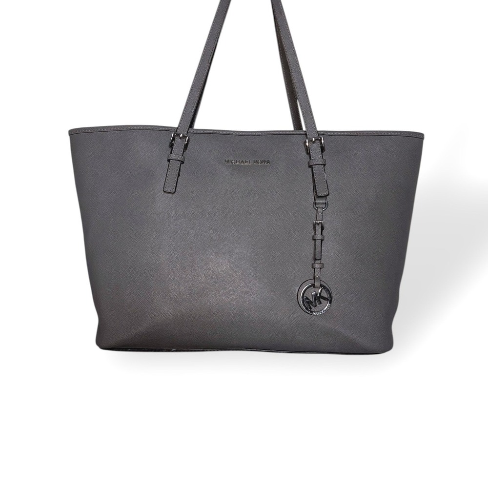 Michael Kors Jet Set Travel Tote Grey Saffiano Leather Large Shoulder Bag Silver